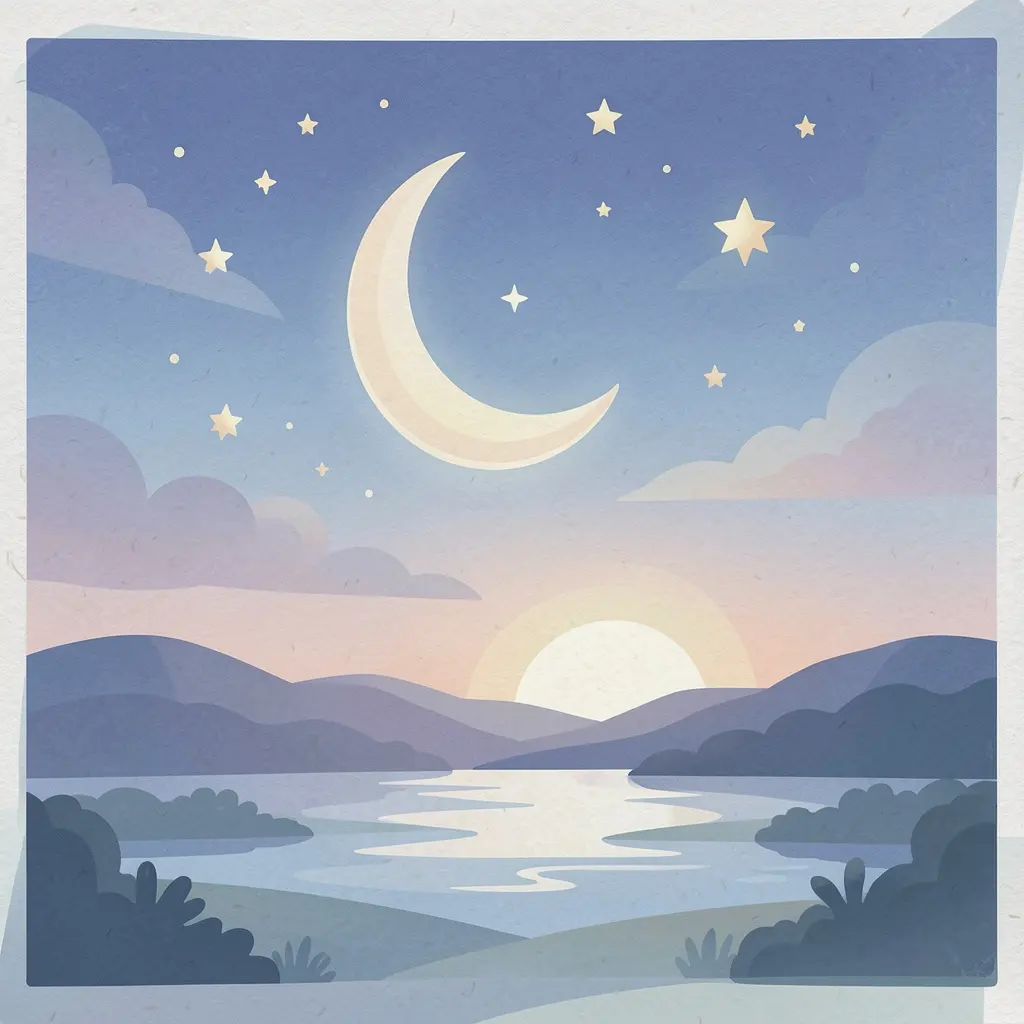 Peaceful evening sky illustration with crescent moon and stars over a calm landscape
