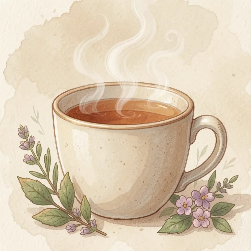 Illustration of a warm cup of herbal tea with gentle steam rising in soft tones