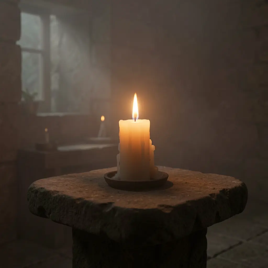 Illustration of a glowing candle in a peaceful dark setting with soft ambient light